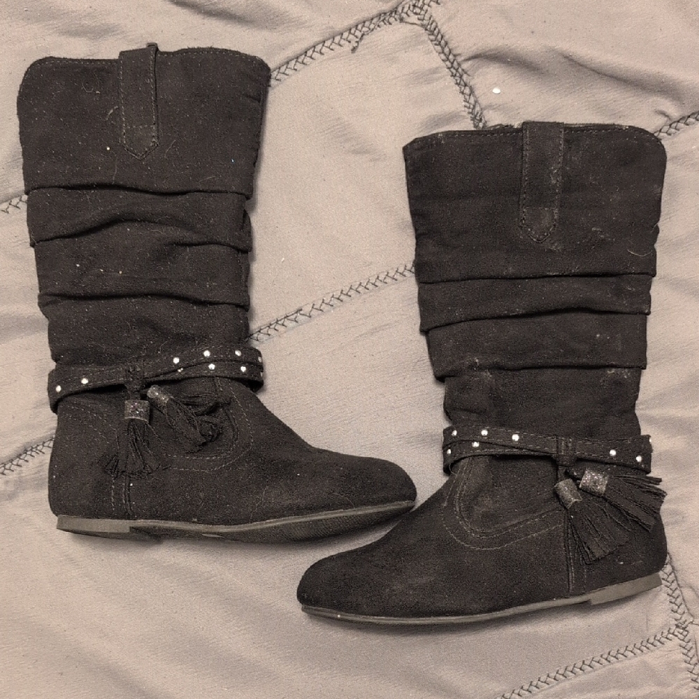 Black Suede Slouch Boots with Tassels